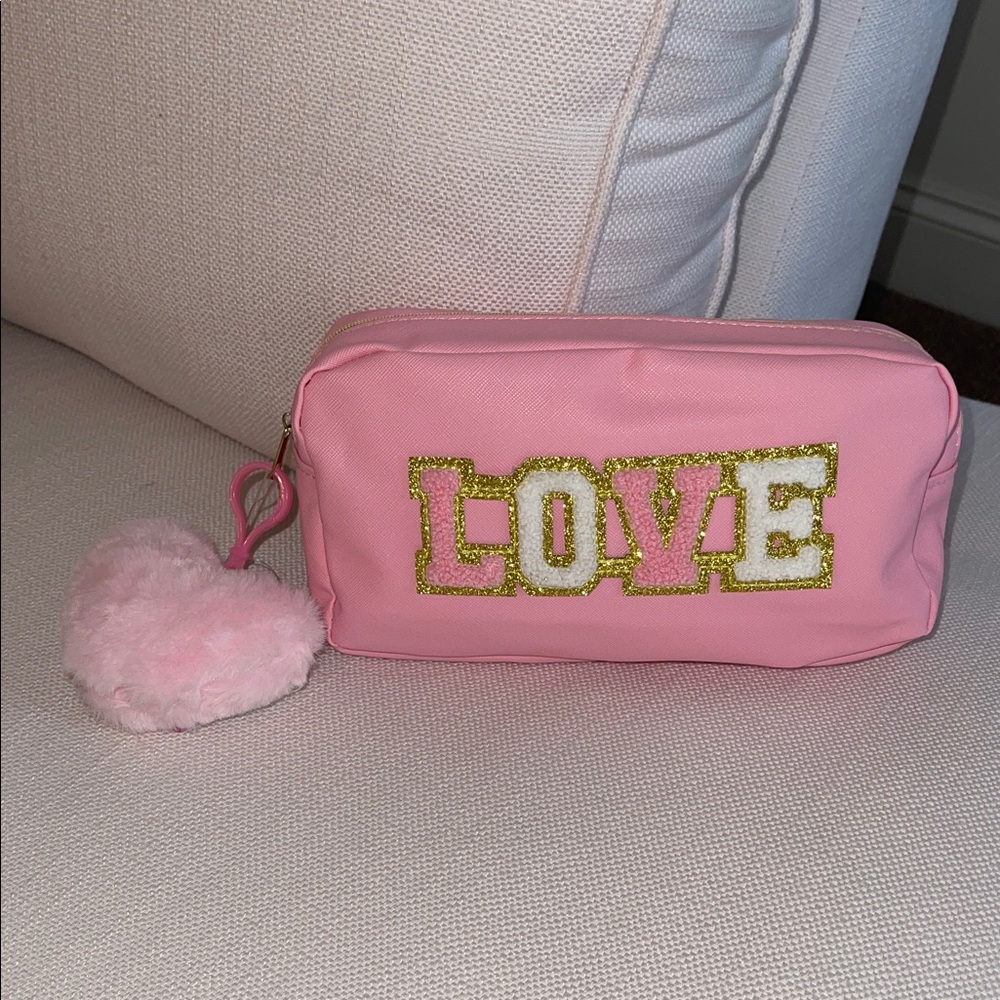 Pink embroidered LOVE Bag with faux fur Heart bag Charm NWT
